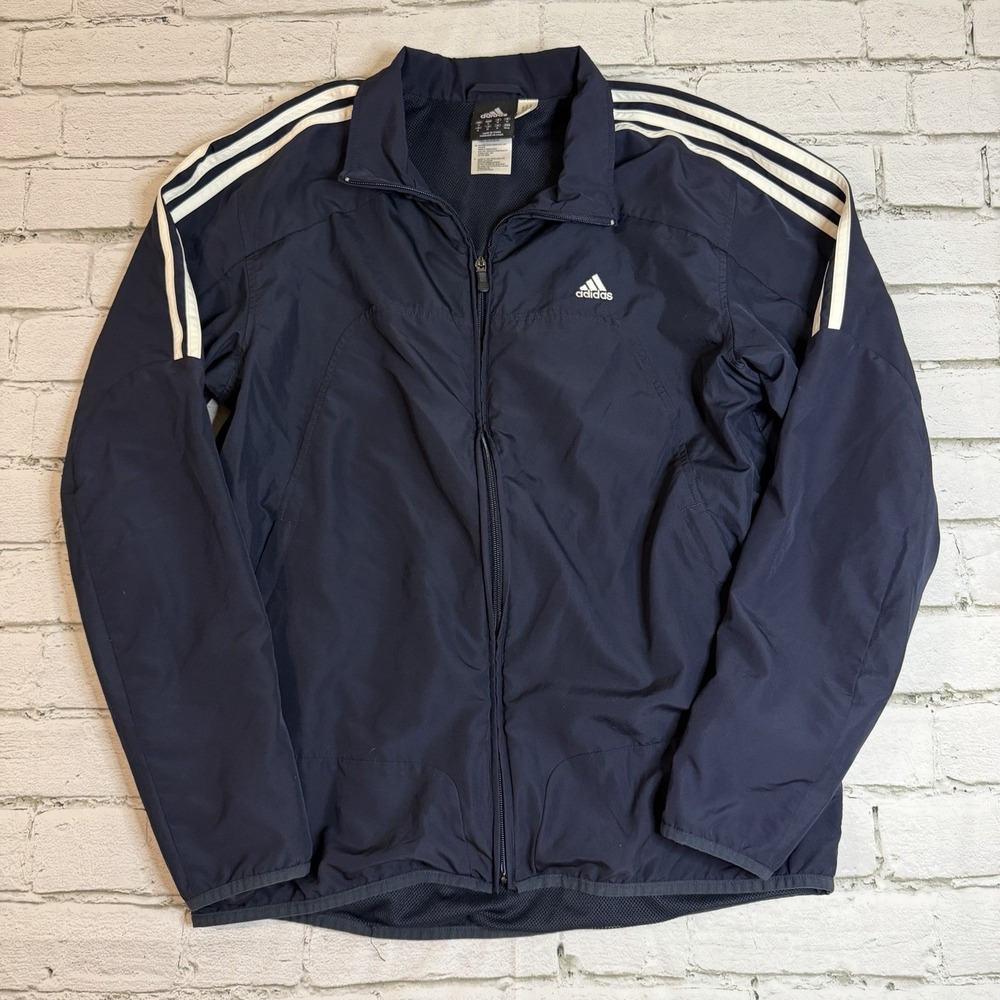 Vintage Adidas Jacket Mens Medium Windbreaker Full Zip Up 3 Stripes Navy Blue